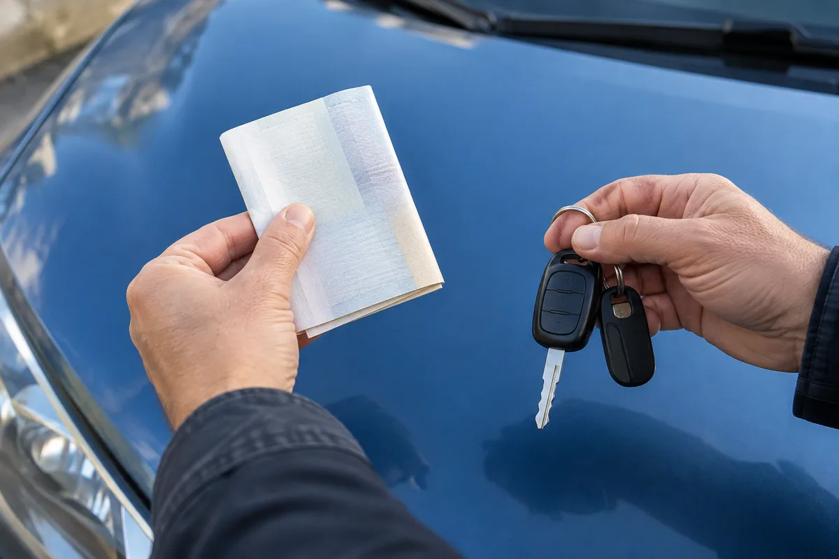Mains tenant un certificat d’immatriculation plié et un trousseau de clés au-dessus du capot d’une voiture