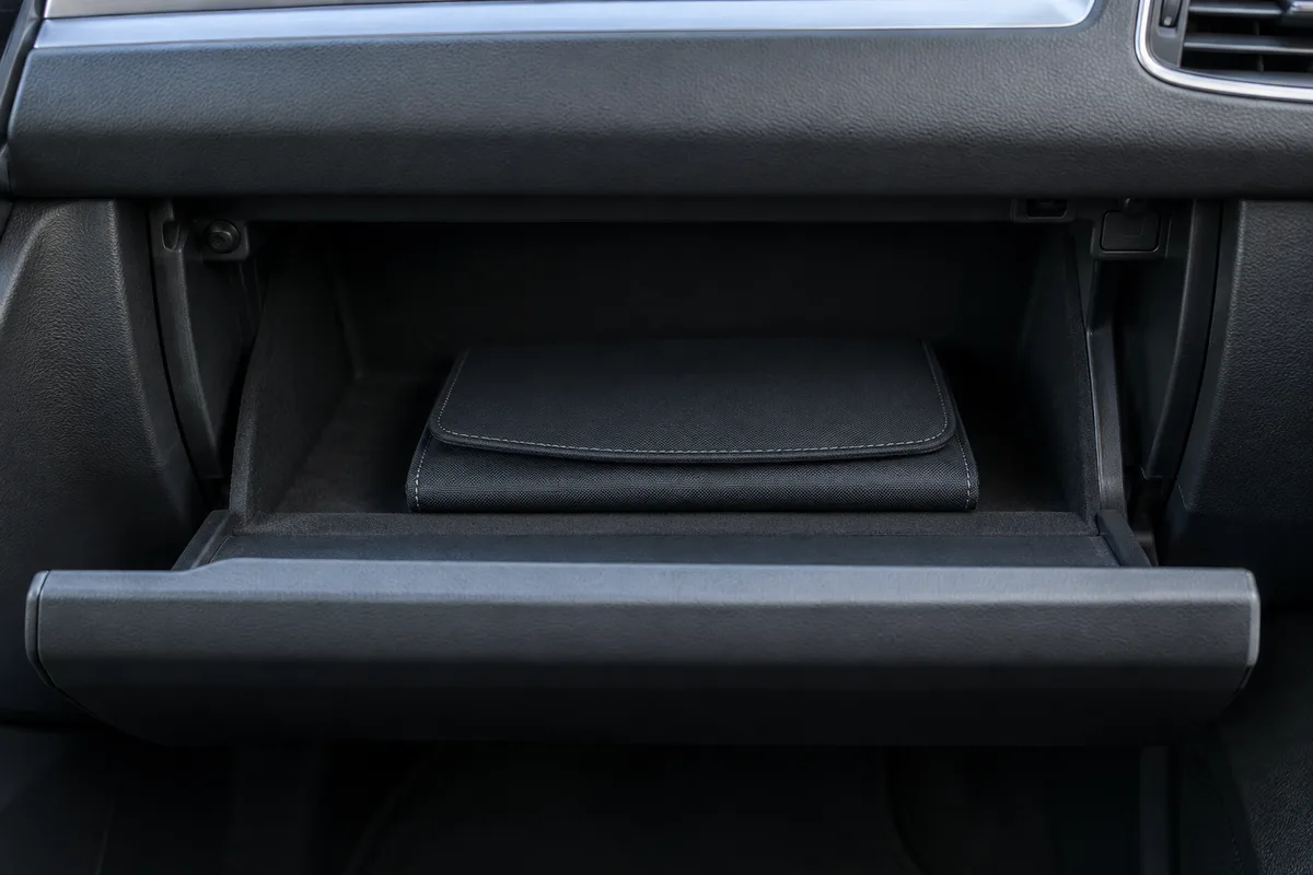 Boîte à gants ouverte d’une voiture avec une pochette de documents fermée à l’intérieur