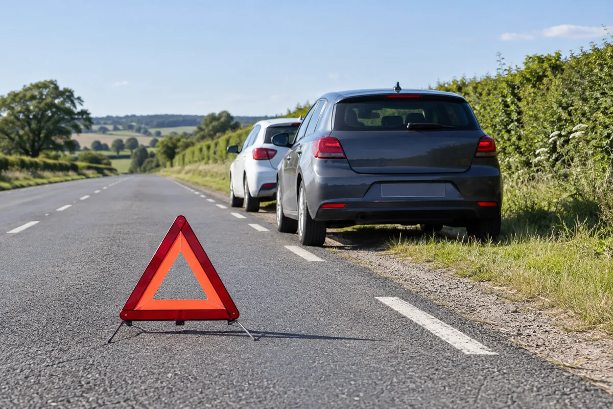 Deux voitures de couleur unie arrêtées sur le bas-côté d’une route de campagne, triangle de signalisation posé sur la chaussée