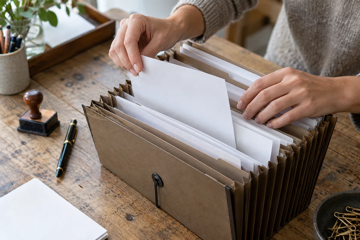 Mains classant des feuilles dans un trieur à soufflets sur une table d&rsquo;atelier