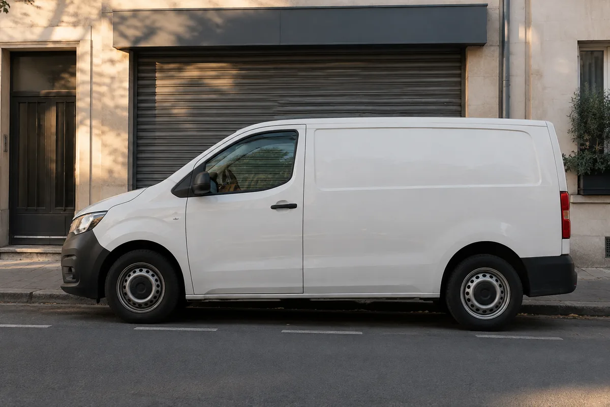 Fourgon blanc uni garé devant un petit local professionnel au rideau baissé