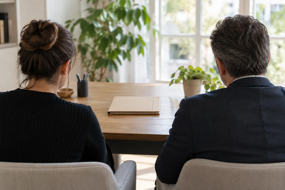Deux personnes vues de dos face à un bureau, dossier fermé posé entre elles