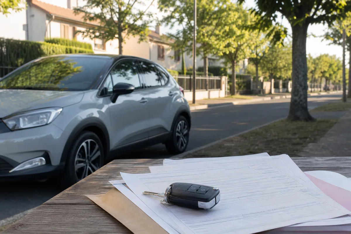 Documents administratifs et clés de voiture posés sur une table en bois