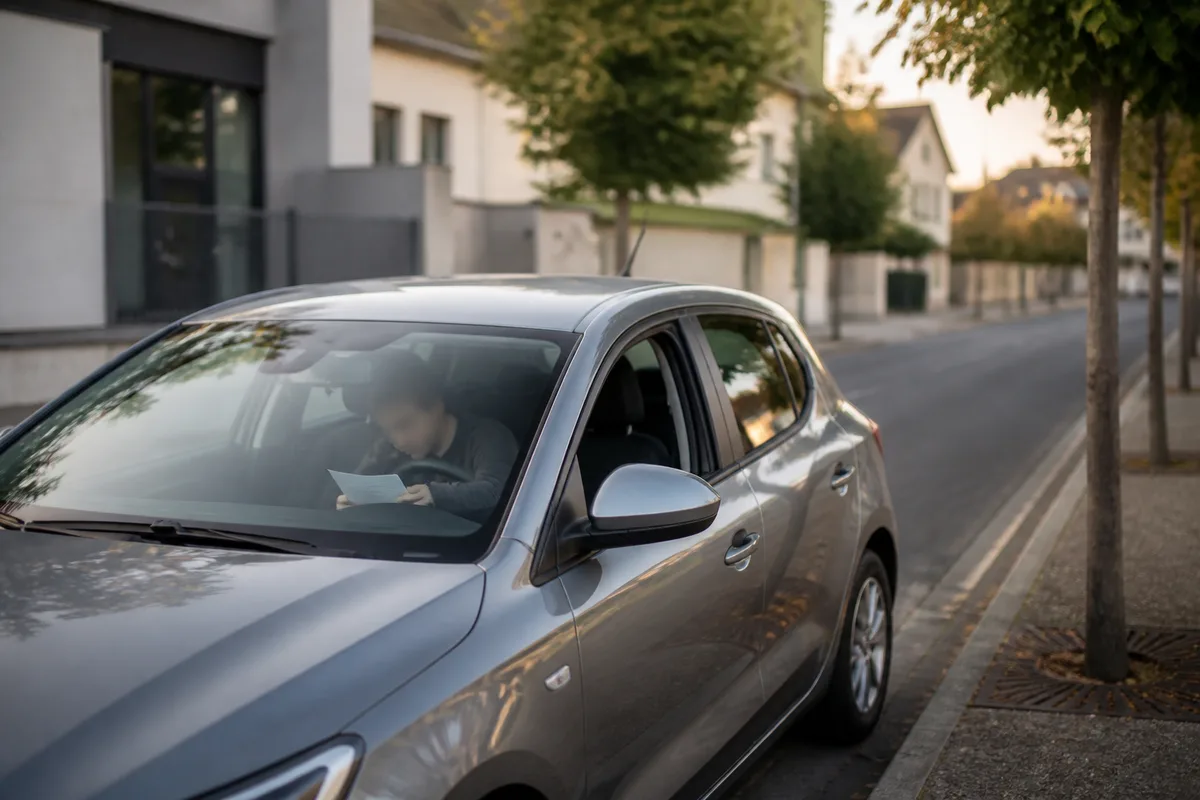 Voiture stationnée devant un centre d&rsquo;examen, conducteur consultant ses papiers