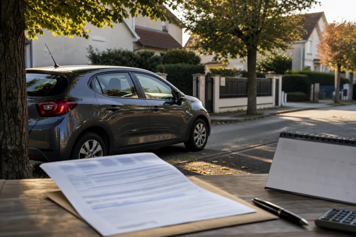 Avis d&rsquo;échéance d&rsquo;assurance automobile posé sur un bureau à côté d&rsquo;un calendrier