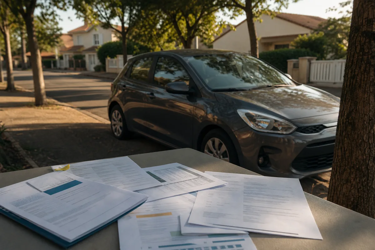 Documents d&rsquo;assurance automobile et relevé d&rsquo;information étalés sur une table