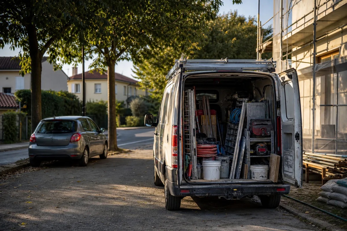 Fourgon utilitaire d’artisan chargé de matériel devant un chantier