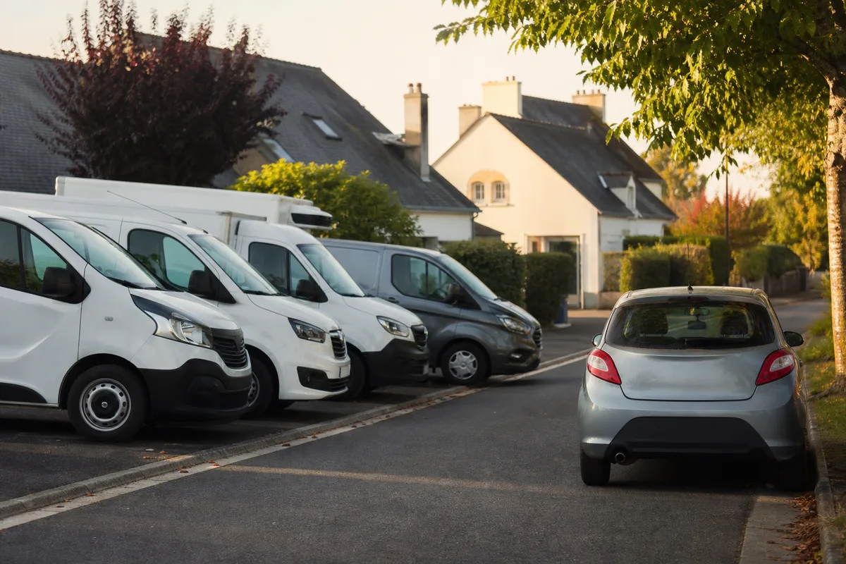 Alignement de véhicules utilitaires d’entreprise sur un parking