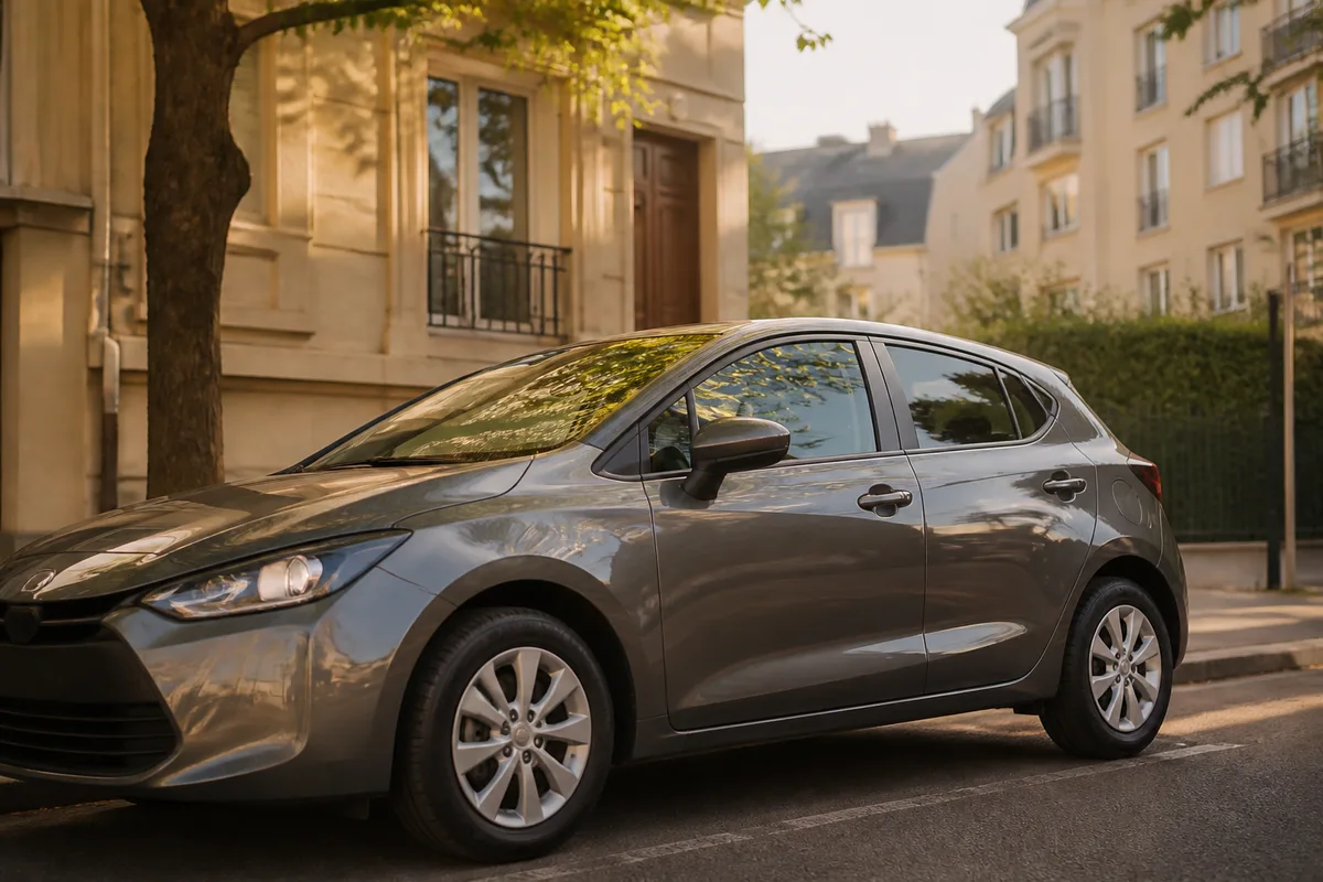 Véhicule de tourisme avec chauffeur stationné devant un immeuble en ville