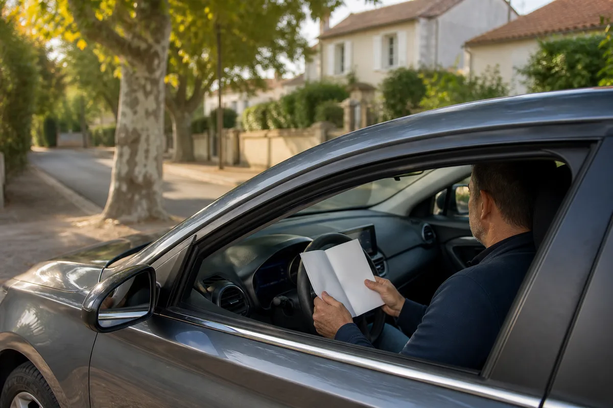 Chauffeur consultant un document de contrat au volant d&rsquo;une berline