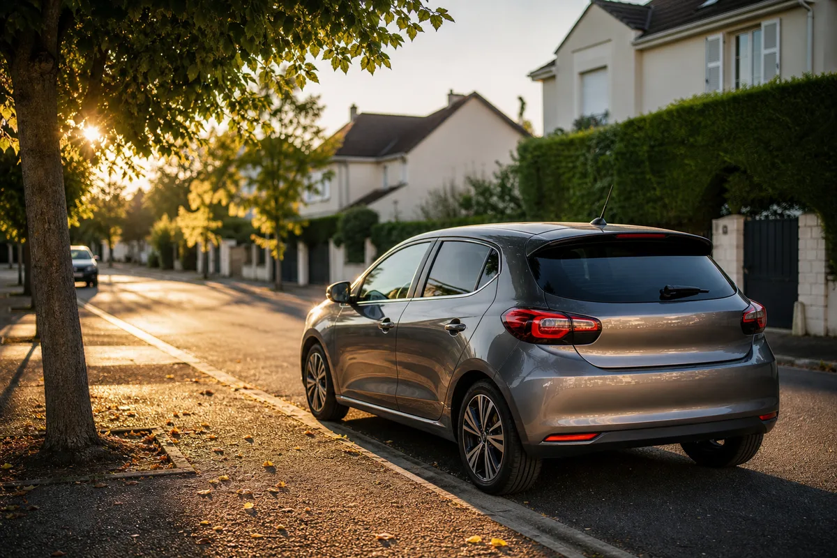Tableau de bord d’une voiture au démarrage, compteurs éclairés avant un trajet